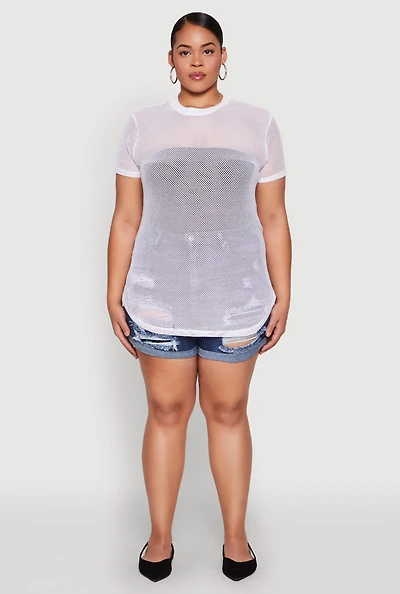 Womens Plus Size Fishnet Short Sleeve Top, White, Size 1X