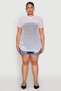 Womens Plus Size Fishnet Short Sleeve Top, White, Size 1X