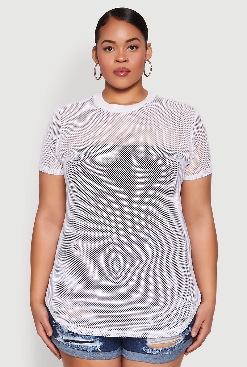 Womens Plus Size Fishnet Short Sleeve Top, White, Size 1X