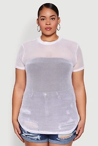 Womens Plus Size Fishnet Short Sleeve Top, White, Size 1X