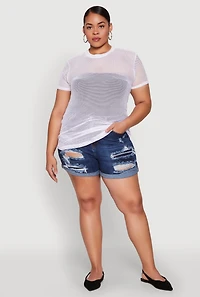 Womens Plus Size Fishnet Short Sleeve Top, White, Size 1X