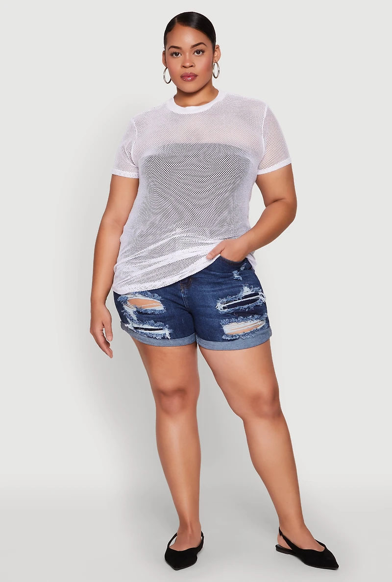 Womens Plus Size Fishnet Short Sleeve Top, White, Size 1X