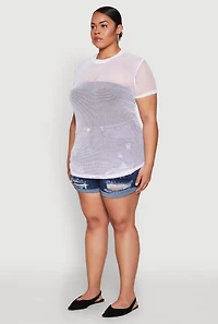 Womens Plus Size Fishnet Short Sleeve Top, White, Size 1X
