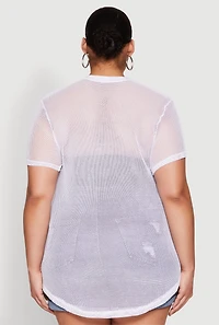 Womens Plus Size Fishnet Short Sleeve Top, White, Size 1X