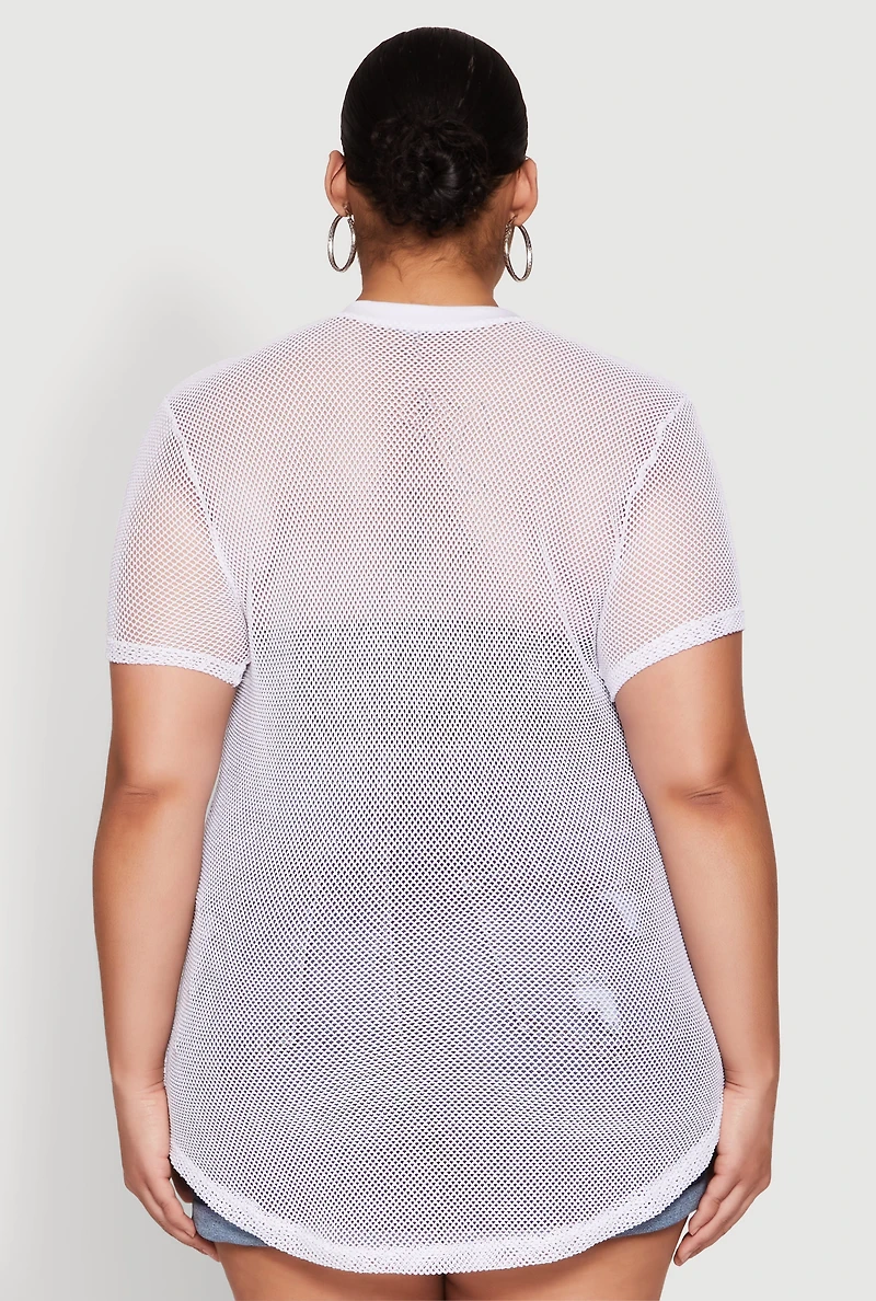 Womens Plus Size Fishnet Short Sleeve Top, White, Size 1X