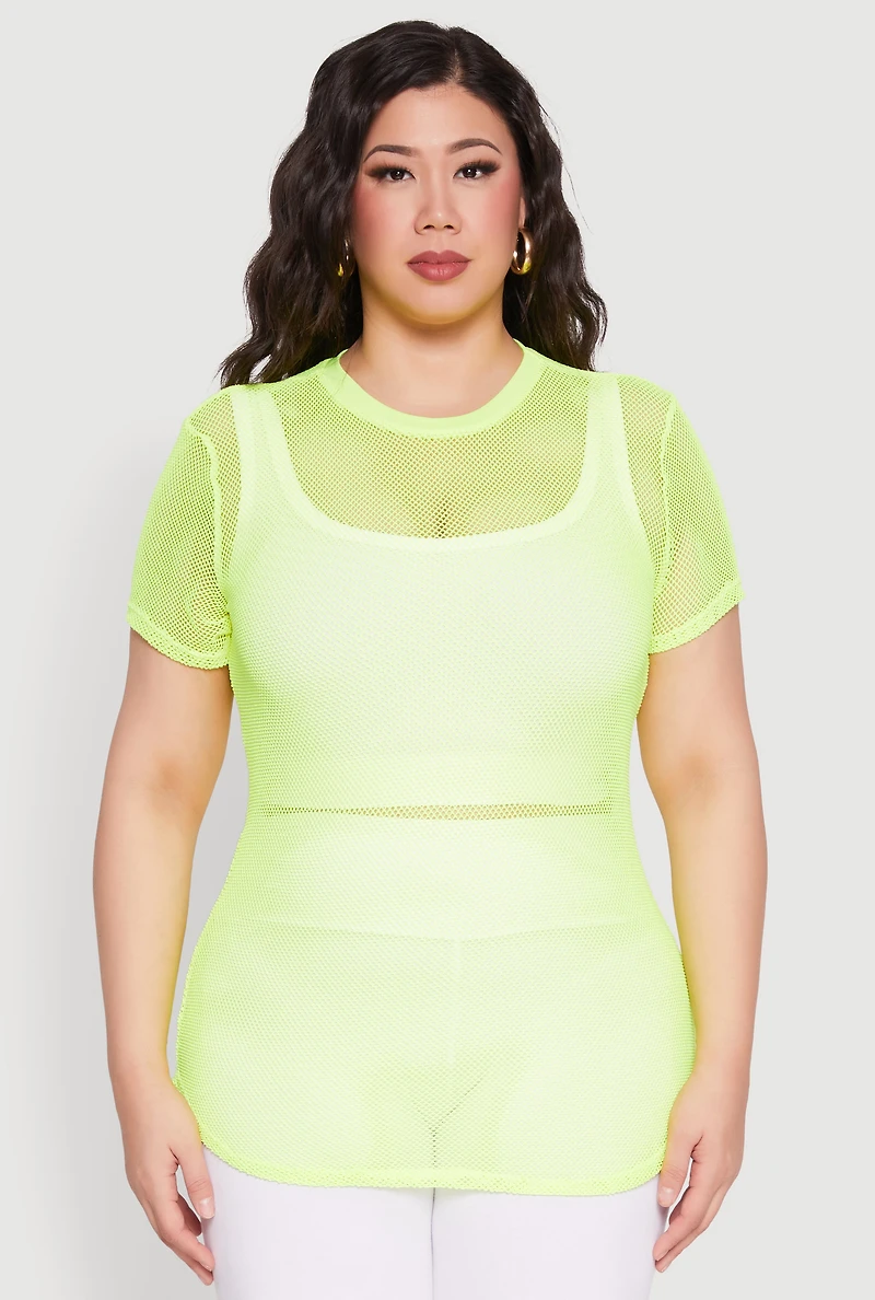Womens Plus Size Fishnet Short Sleeve Top, Green, Size 3X