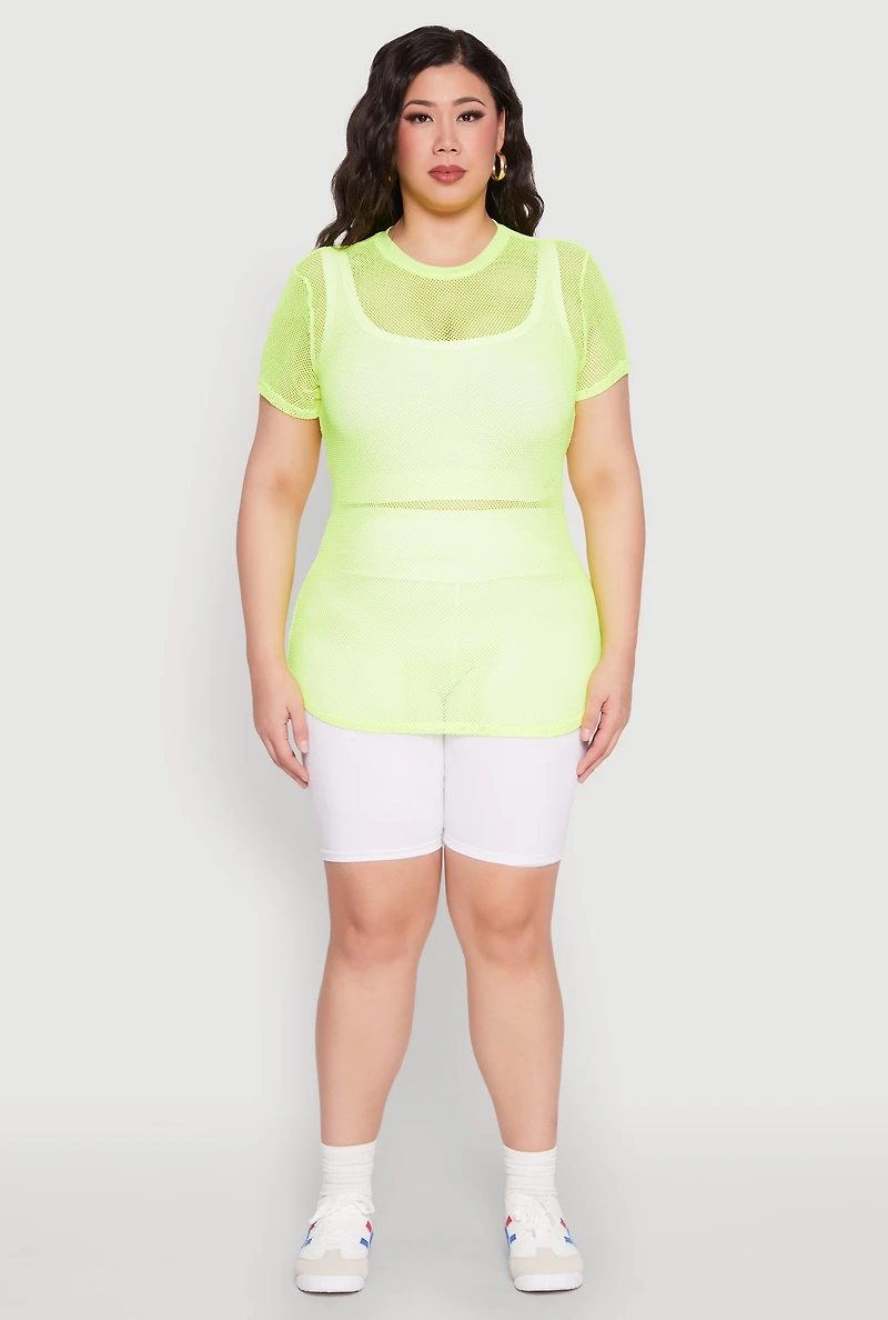 Womens Plus Size Fishnet Short Sleeve Top, Green, Size 3X