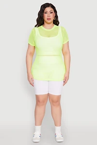 Womens Plus Size Fishnet Short Sleeve Top, Green, Size 3X