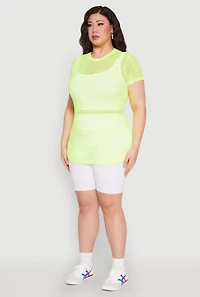 Womens Plus Size Fishnet Short Sleeve Top, Green, Size 3X