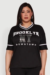 Womens Plus Brooklyn NY Downtown Rhinestone Varsity Stripe V Neck T Shirt, Black,
