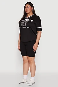 Womens Plus Brooklyn NY Downtown Rhinestone Varsity Stripe V Neck T Shirt, 3X