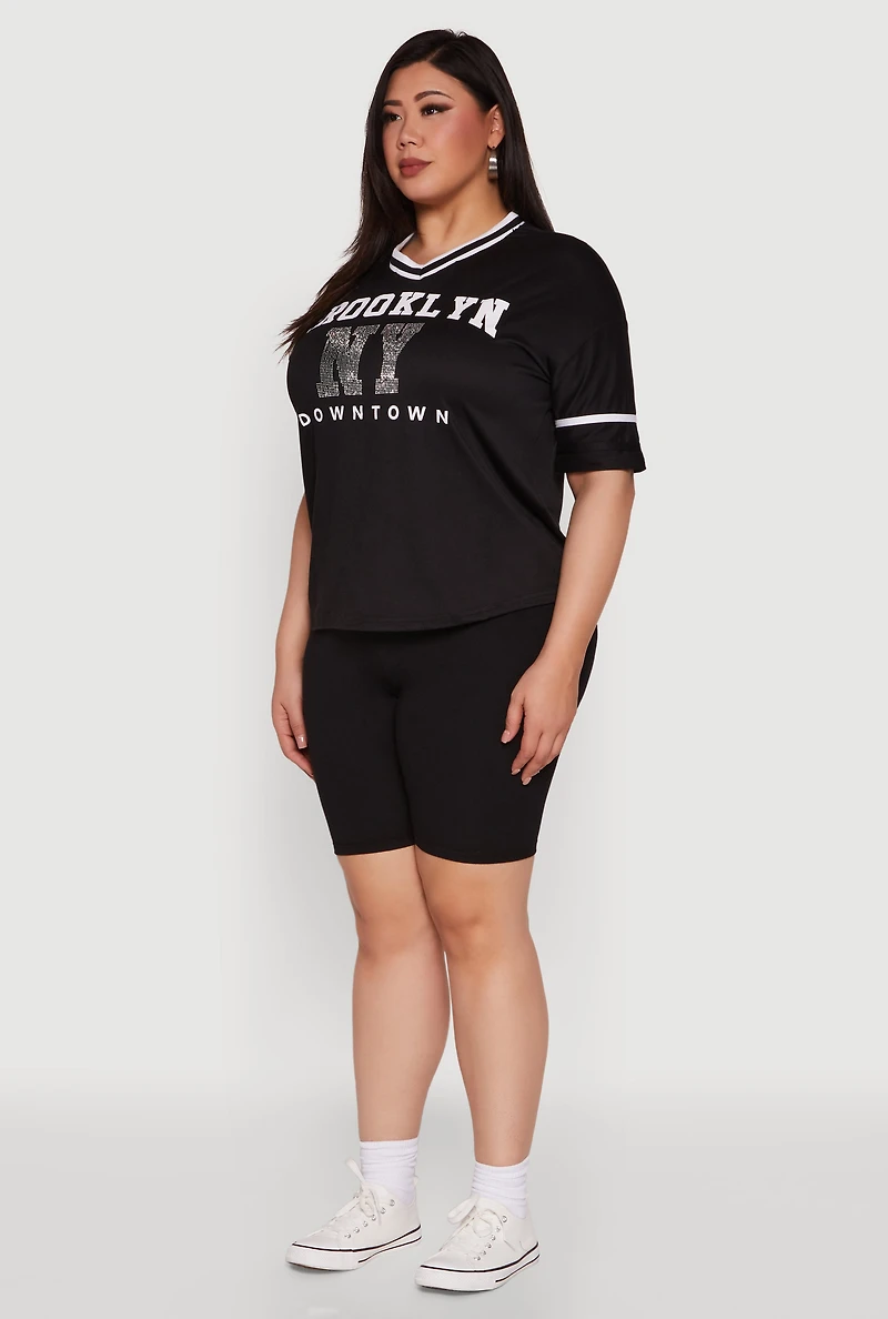 Womens Plus Brooklyn NY Downtown Rhinestone Varsity Stripe V Neck T Shirt, Black,