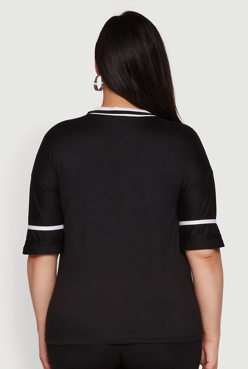 Womens Plus Brooklyn NY Downtown Rhinestone Varsity Stripe V Neck T Shirt, Black,