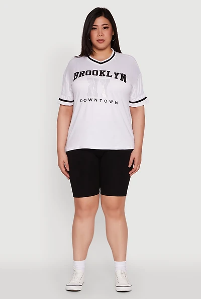 Womens Plus Size Brooklyn NY Downtown Rhinestone Varsity Stripe V Neck T Shirt, White, Size 3X