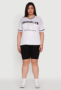 Womens Plus Size Brooklyn NY Downtown Rhinestone Varsity Stripe V Neck T Shirt, White, Size 1X