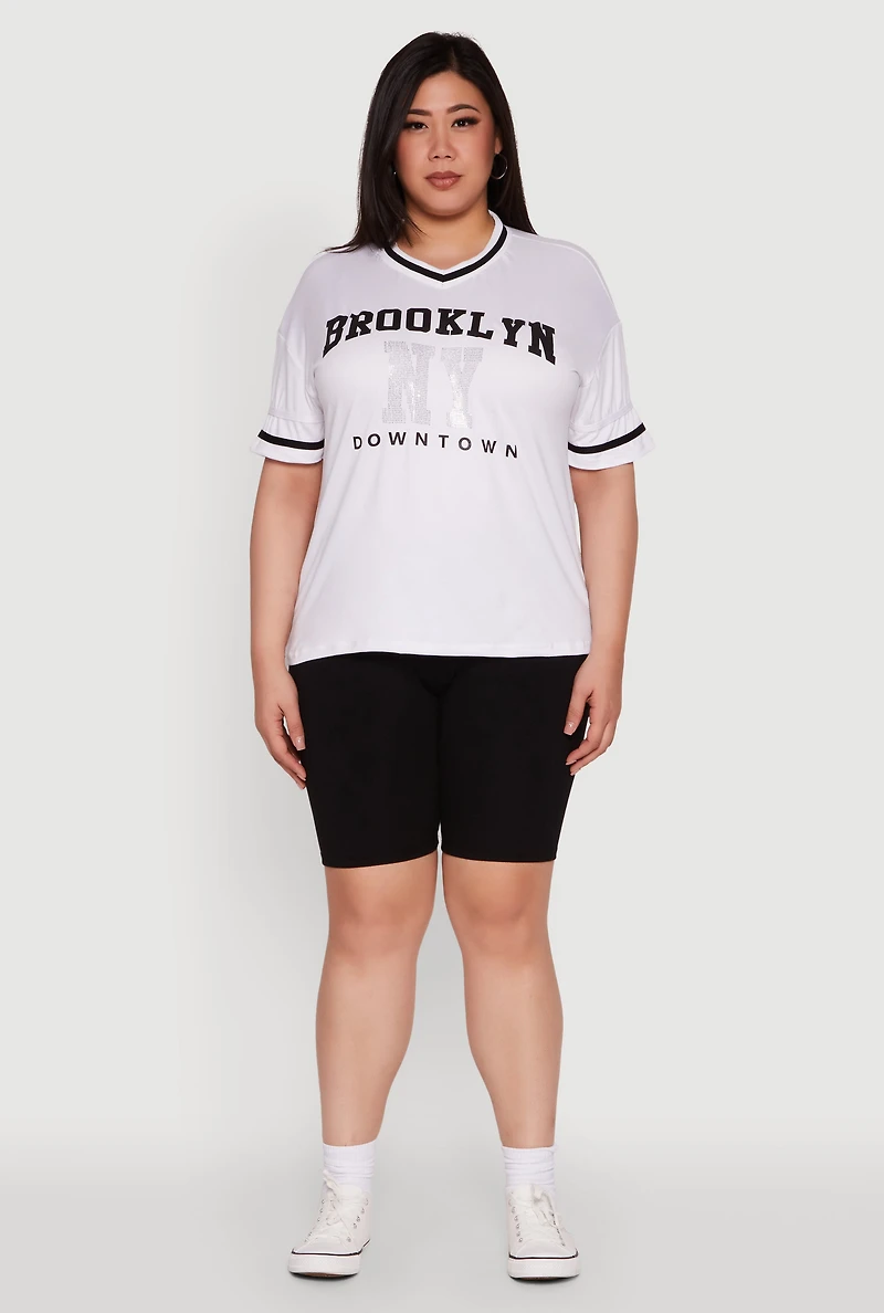 Plus Brooklyn NY Downtown Rhinestone Varsity Stripe V Neck T Shirt