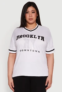 Womens Plus Size Brooklyn NY Downtown Rhinestone Varsity Stripe V Neck T Shirt, White, Size 4X