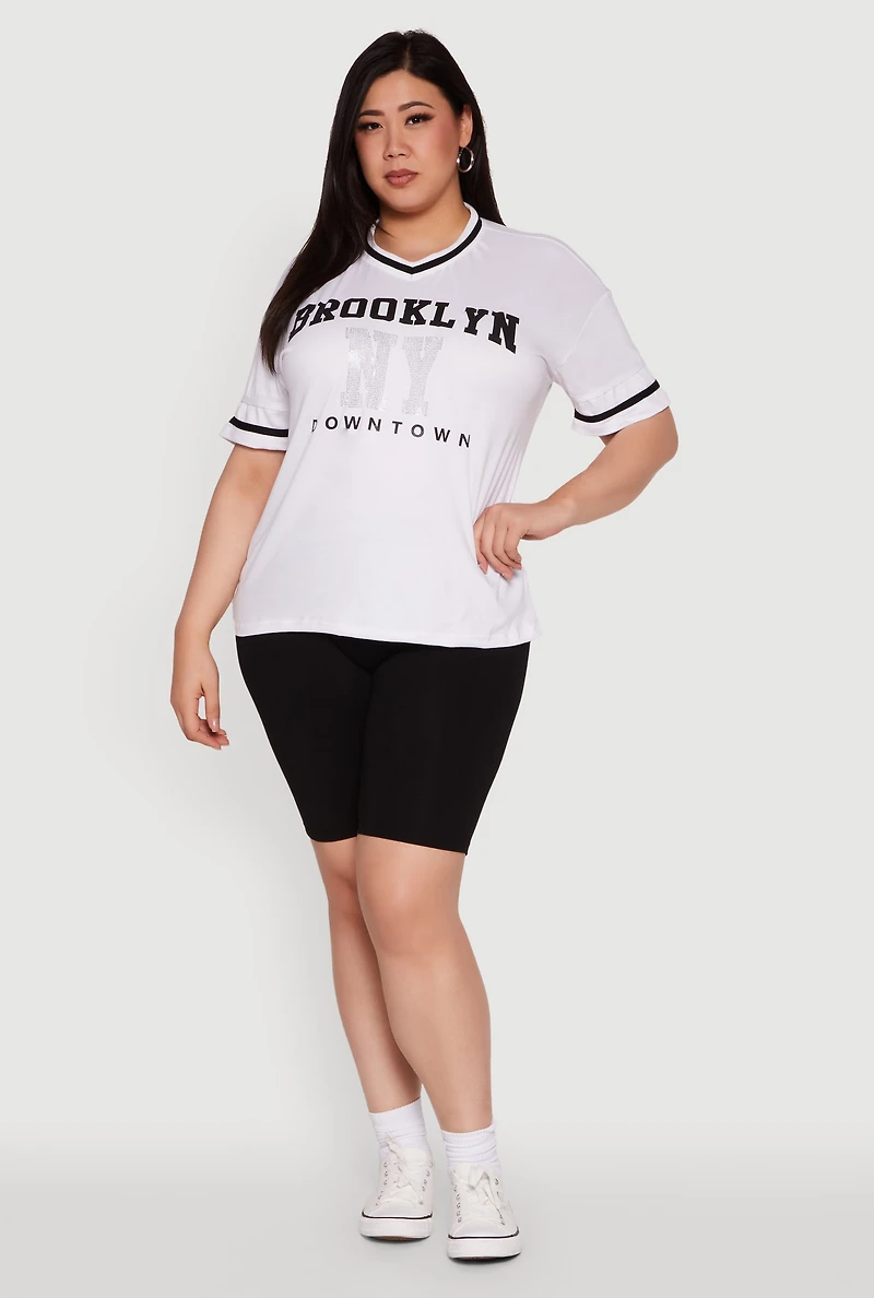 Womens Plus Size Brooklyn NY Downtown Rhinestone Varsity Stripe V Neck T Shirt, White, Size 4X