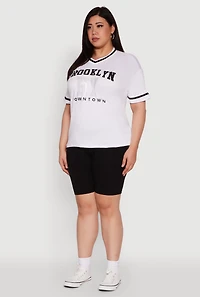 Womens Plus Size Brooklyn NY Downtown Rhinestone Varsity Stripe V Neck T Shirt, White, Size 4X