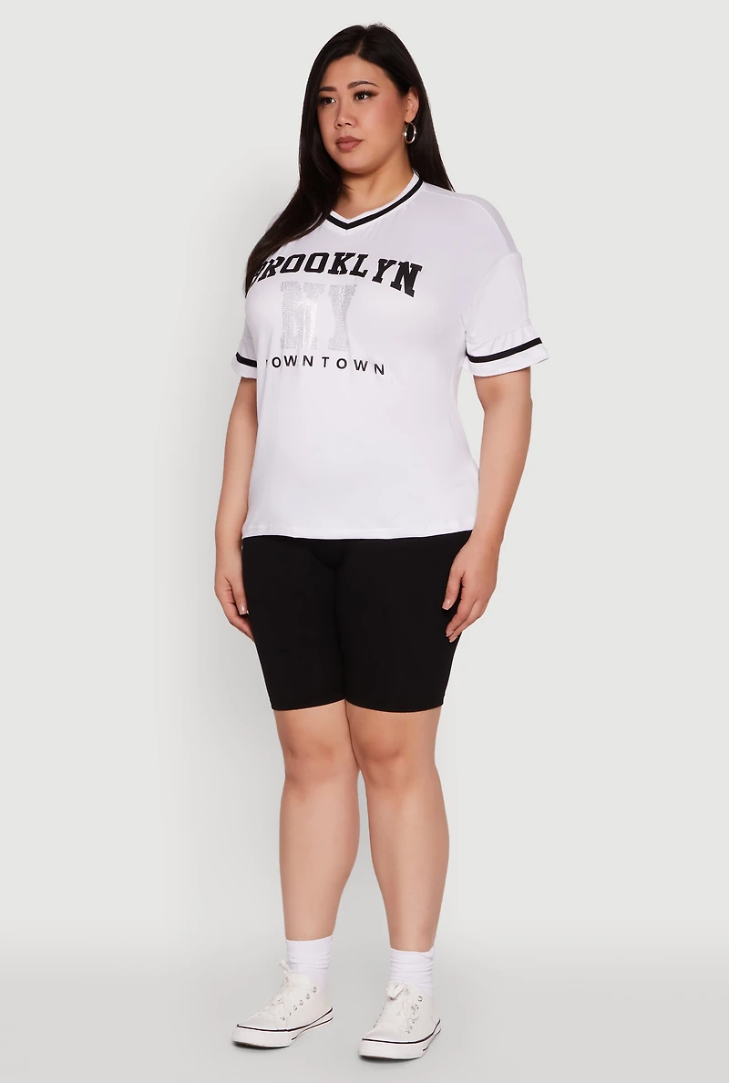 Womens Plus Size Brooklyn NY Downtown Rhinestone Varsity Stripe V Neck T Shirt, White, Size 1X