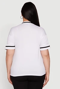 Womens Plus Size Brooklyn NY Downtown Rhinestone Varsity Stripe V Neck T Shirt, White, Size 4X
