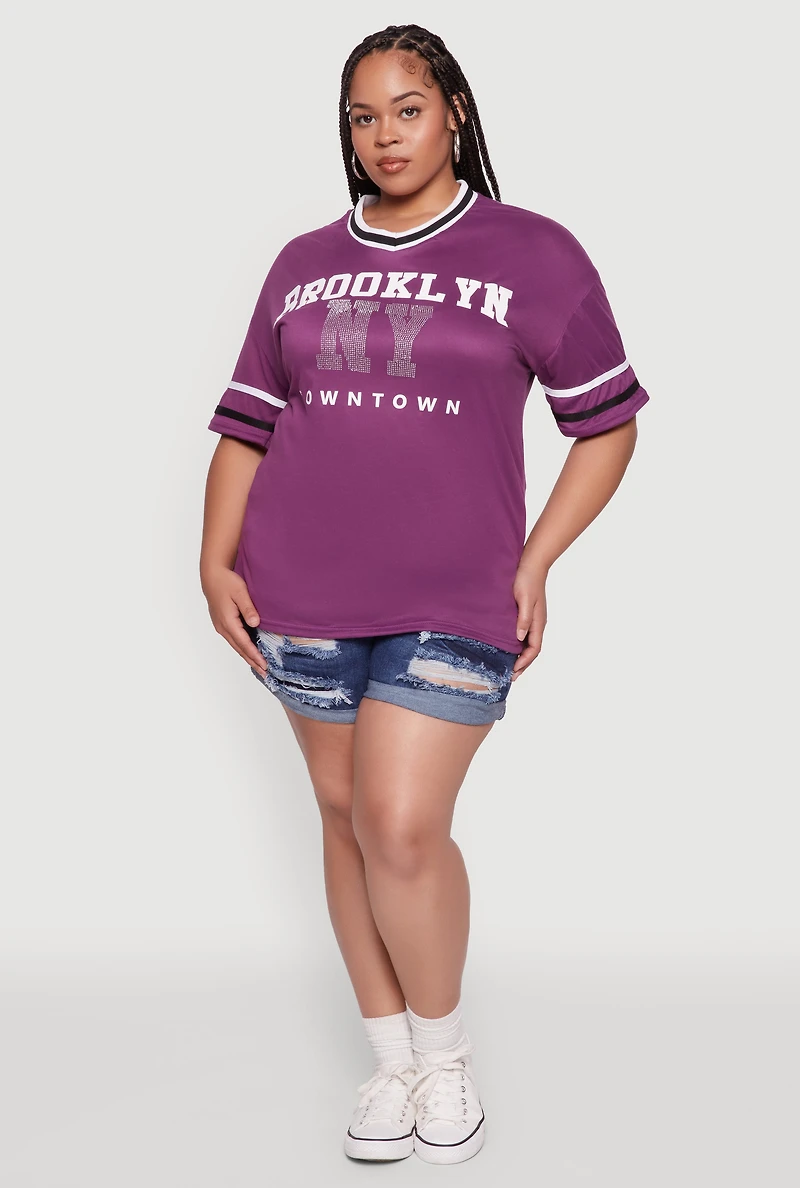 Plus Brooklyn NY Downtown Rhinestone Varsity Stripe V Neck T Shirt