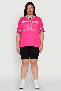 Womens Plus Size Brooklyn NY Downtown Rhinestone Varsity Stripe V Neck T Shirt, Pink, Size 3X