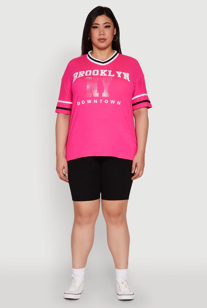 Plus Brooklyn NY Downtown Rhinestone Varsity Stripe V Neck T Shirt