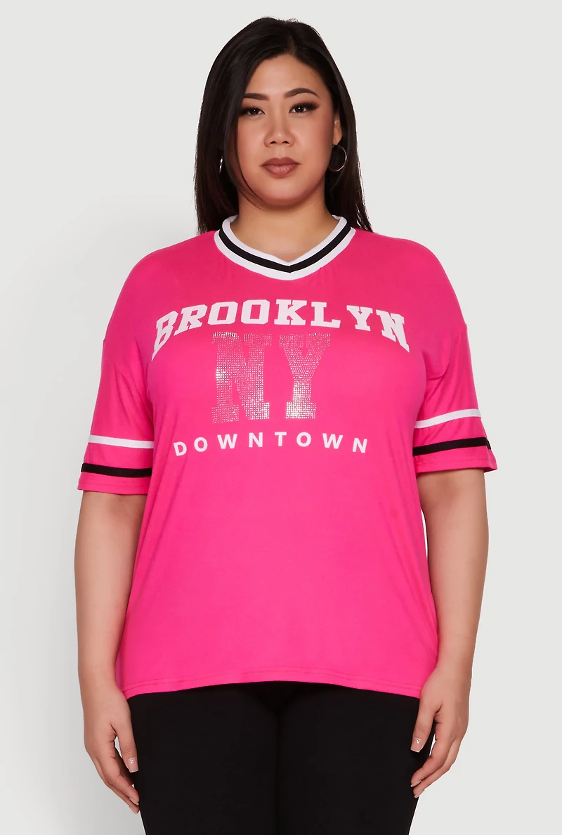 Womens Plus Size Brooklyn NY Downtown Rhinestone Varsity Stripe V Neck T Shirt, Pink, Size 2X