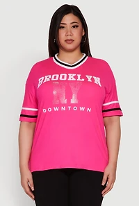 Womens Plus Size Brooklyn NY Downtown Rhinestone Varsity Stripe V Neck T Shirt, Pink, Size 2X