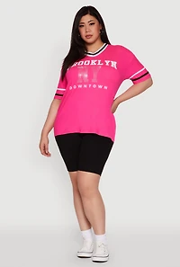 Womens Plus Size Brooklyn NY Downtown Rhinestone Varsity Stripe V Neck T Shirt, Pink, Size 3X