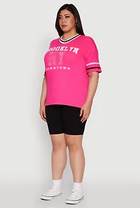 Womens Plus Size Brooklyn NY Downtown Rhinestone Varsity Stripe V Neck T Shirt, Pink, Size 3X