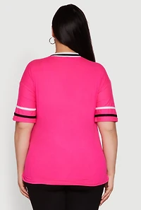 Womens Plus Size Brooklyn NY Downtown Rhinestone Varsity Stripe V Neck T Shirt, Pink, Size 3X