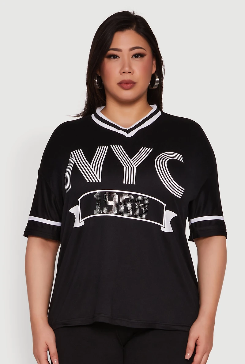 Womens Plus NYC 1988 Rhinestone Varsity Stripe V Neck T Shirt,