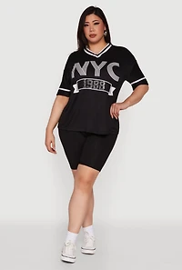 Womens Plus NYC 1988 Rhinestone Varsity Stripe V Neck T Shirt,