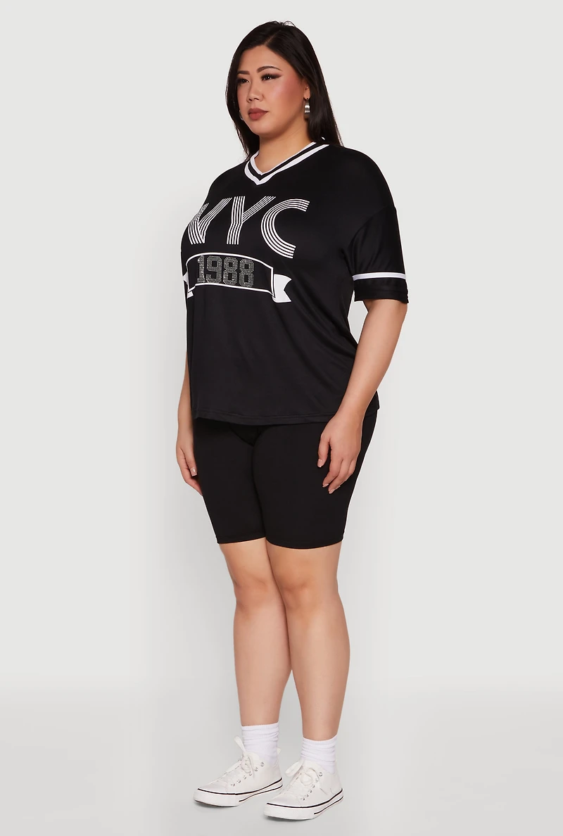 Womens Plus NYC 1988 Rhinestone Varsity Stripe V Neck T Shirt,