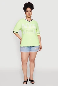 Womens Plus NYC 1988 Rhinestone Varsity Stripe V Neck T Shirt,