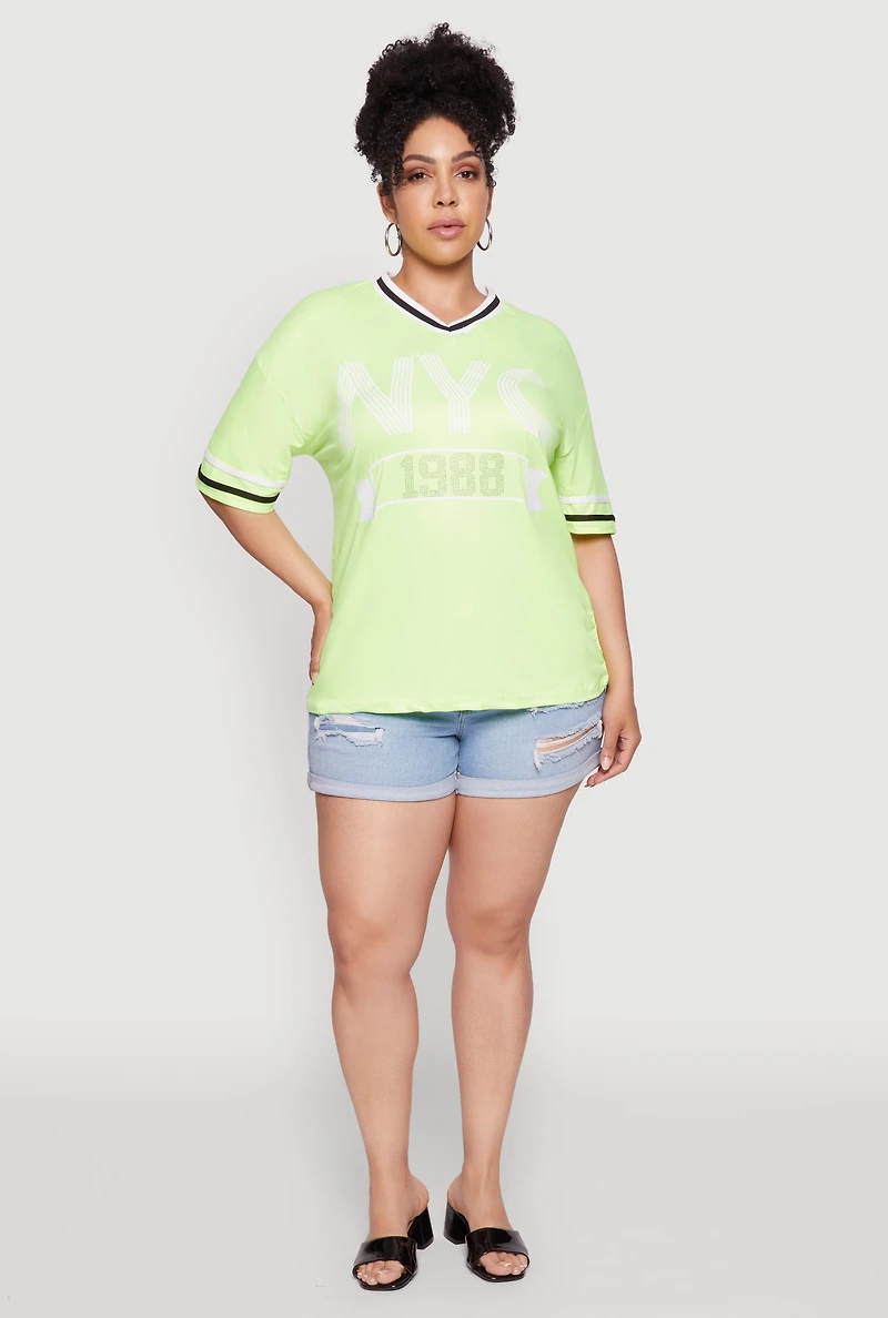 Womens Plus NYC 1988 Rhinestone Varsity Stripe V Neck T Shirt,