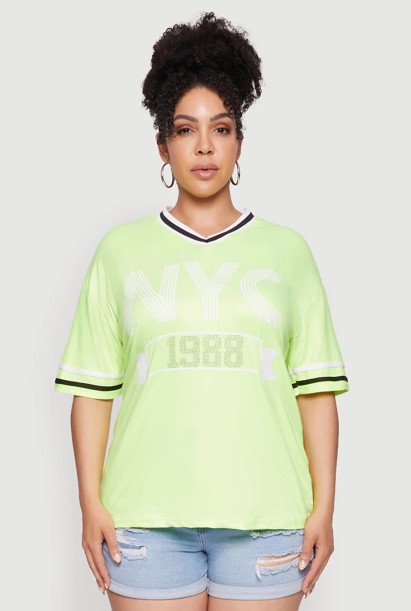 Plus NYC 1988 Rhinestone Varsity Stripe V Neck T Shirt