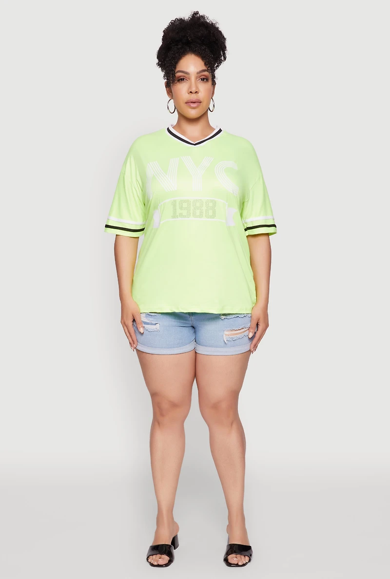 Womens Plus Size NYC 1988 Rhinestone Varsity Stripe V Neck T Shirt, Green, Size 1X