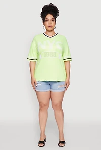 Womens Plus Size NYC 1988 Rhinestone Varsity Stripe V Neck T Shirt, Green, Size 1X