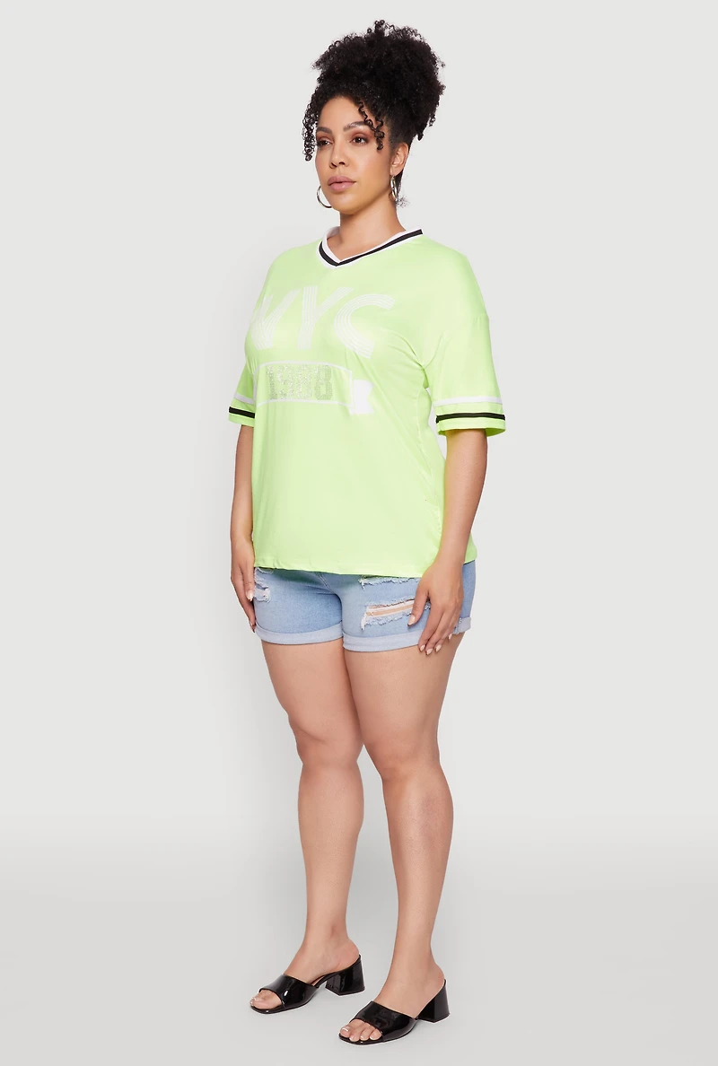 Plus NYC 1988 Rhinestone Varsity Stripe V Neck T Shirt