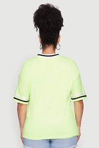 Womens Plus Size NYC 1988 Rhinestone Varsity Stripe V Neck T Shirt, Green, Size 1X