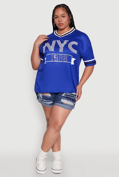 Womens Plus NYC 1988 Rhinestone Varsity Stripe V Neck T Shirt,