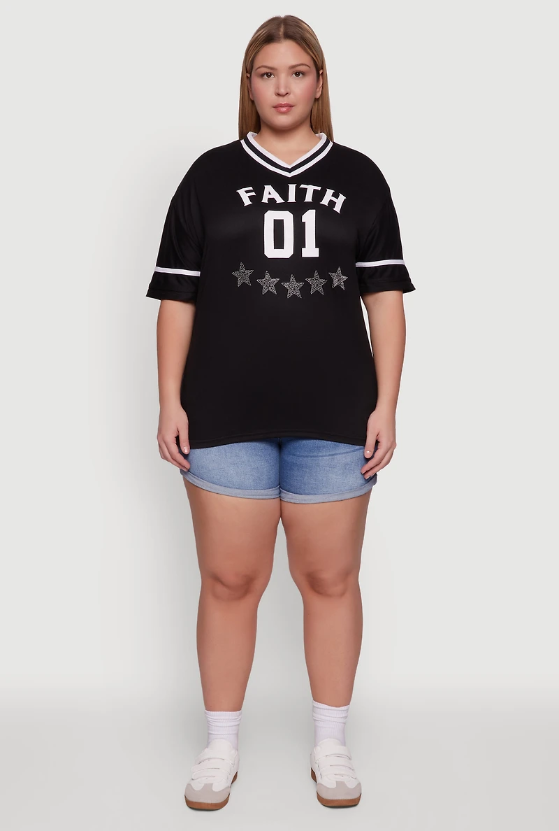 Womens Plus Size Rhinestone Star Faith Graphic T-Shirt, Black, Size 2X