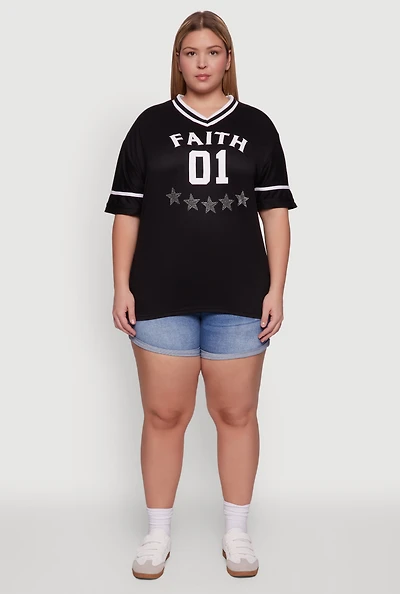 Womens Plus Size Rhinestone Star Faith Graphic T-Shirt, Black, Size 2X
