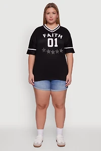 Womens Plus Size Rhinestone Star Faith Graphic T-Shirt, Black, Size 2X