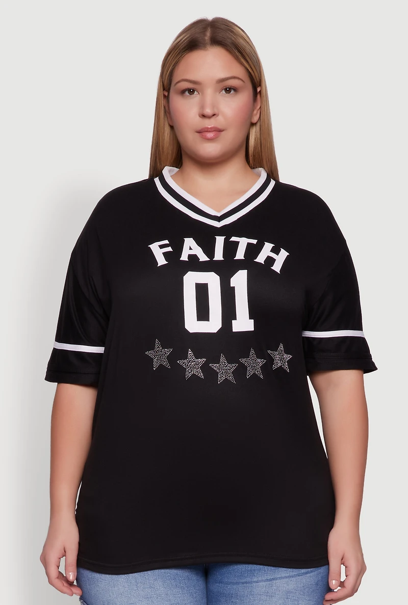 Womens Plus Size Rhinestone Star Faith Graphic T-Shirt, Black, Size 2X