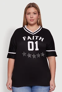 Womens Plus Size Rhinestone Star Faith Graphic T-Shirt, Black, Size 2X