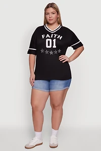 Womens Plus Size Rhinestone Star Faith Graphic T-Shirt, Black, Size 2X